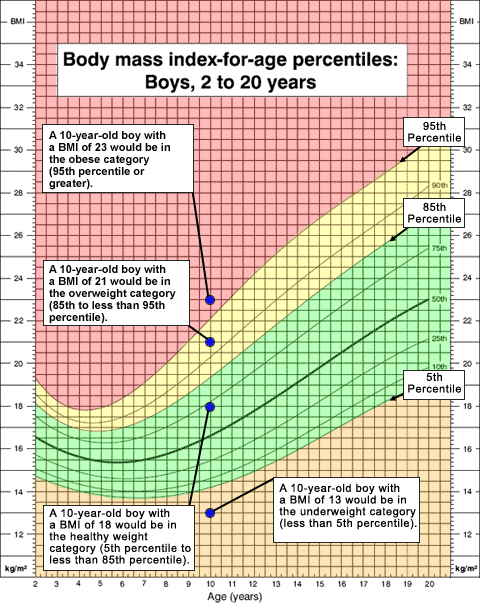 Growch chart example showing range of different BMI percentiles for height and age.