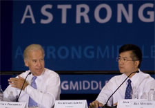 Ohio Gov. Strickland, Vice President Biden, Secretary Locke seated at table. Click for larger image.