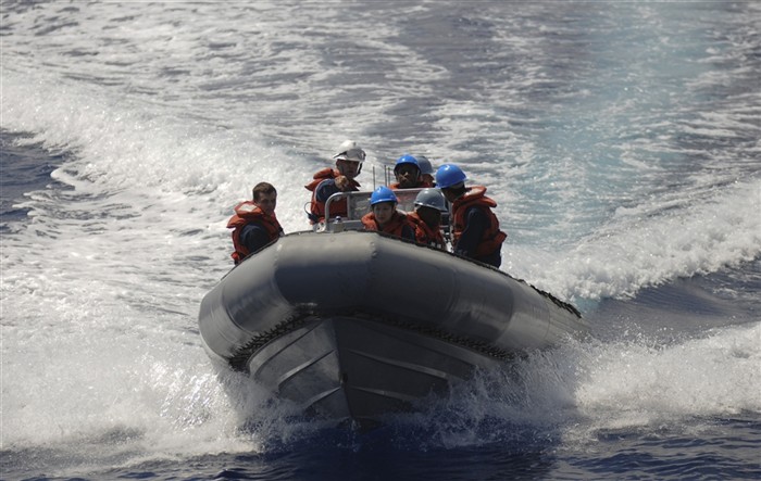 MEDITERRANEAN SEA (May 19, 2011) - Sailors assigned to the Ticonderoga-class guided-missile cruiser USS Monterey (CG 61) ride in a rigid-hull inflatable boat during small boat training in the Mediterranean Sea. Monterey is homeported out of Norfolk and is supporting maritime security operations and theater security cooperation effort in the U.S. 6th Fleet area of responsibility. (U.S. Navy photo by Mass Communication Specialist 2nd Class Daniel Viramontes/Released) 