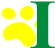 a capital green letter I with a yellow cats paw print