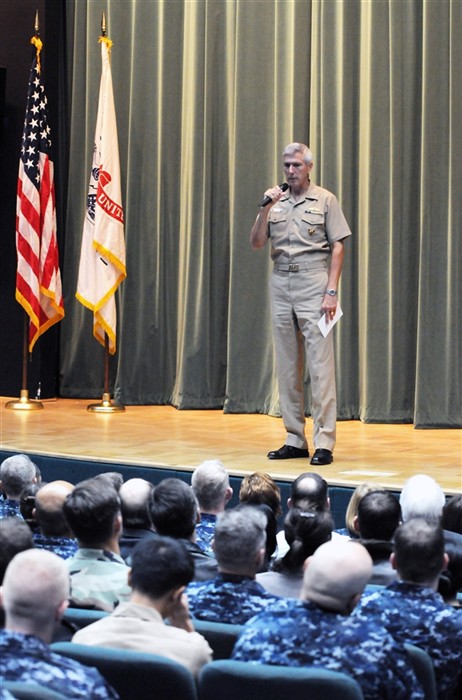 NAPLES, Italy (Oct. 29, 2010) -Adm. Samuel J.
Locklear III, commander, U.S. Naval Forces Europe-Africa (NAVEUR-NAVAF), speaks to military and civilian personnel about his priorities as the new NAVEUR-NAVAF commander during an all-hands call at Naval Support Activity (NSA) Capodichino.  Locklear assumed command of NAVEUR-NAVAF during a change of command ceremony at Allied Joint Forces Command Naples on Oct. 6. U.S. Navy photo by Mass Communication Specialist 1st Class Gary Keen/Released.