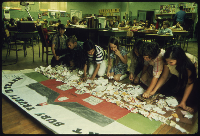 School Children Making Signs in Ecology Awareness Class, by Jim Olive for Documerica. Fort Smith, AR. May, 1972.