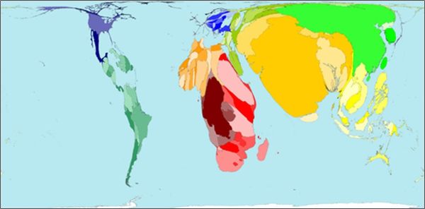 Description: Map shows countries resized relative to undernourished population--where the undernourished live.  Image courtesy of Worldmapper, 2009