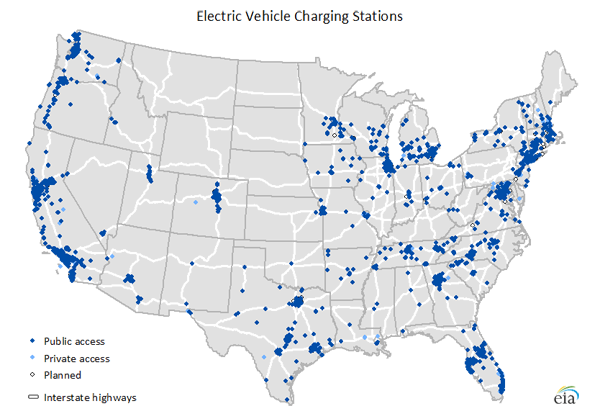 map of Alternative transportation fuel stations in the United States, as described in the article text