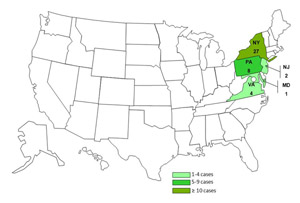 Map of persons infected with the outbreak strain of Salmonella Enteritidis, by state