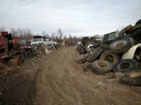 Photo of junkyard with tires and old trucks lining a dirt road