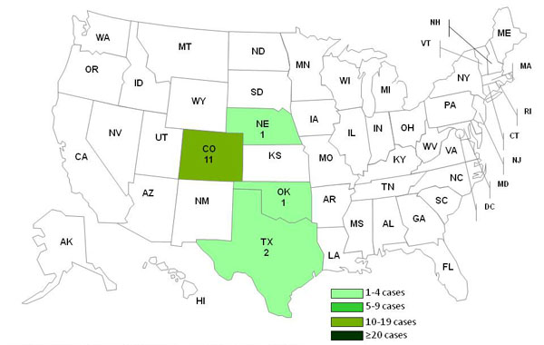 chart and map showing persons infected with the outbreak strain of Listeria monocytogenes, by state