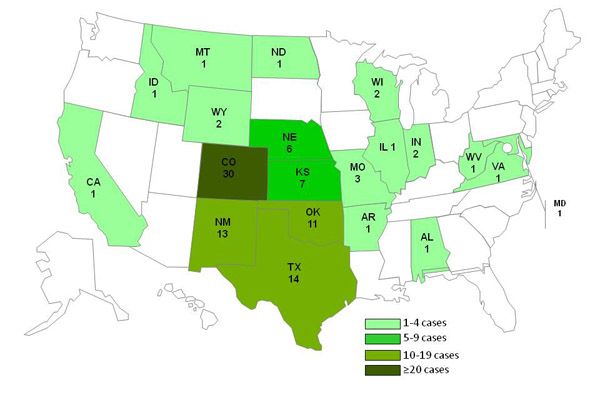 chart and map showing persons infected with the outbreak strain of Listeria monocytogenes, by state