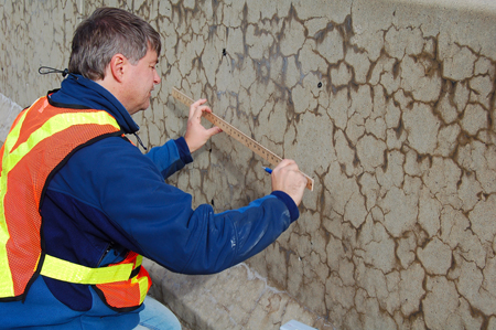 Figure 9. Photo. A worker uses a ruler to examine a concrete median barrier affected by alkali–silica reaction (ASR). 