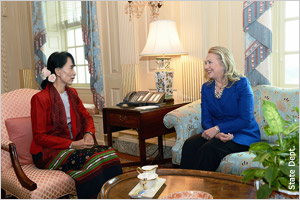 Secretary of State Hillary Rodham Clinton (right) meets with Aung San Suu Kyi at the State Department. (State Dept.)