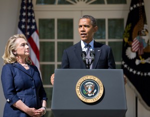 President Barack Obama, with Secretary of State Hillary Rodham Clinton, delivers a statement regarding the attack on the U.S. consulate in Benghazi, Libya (Official White House Photo by Lawrence Jackson)