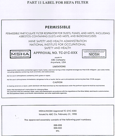 Part 11 Label for HEPA Filter