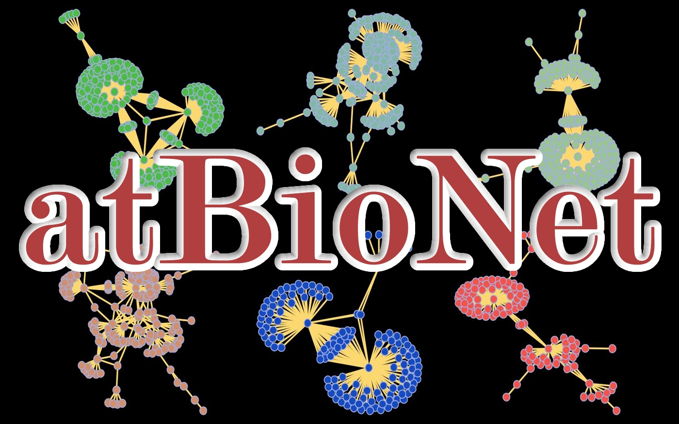 atBioNet in large bold lettering on a black background with colored clusters which represent cellular structure