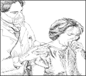 Paciente tosiendo con medico atrás