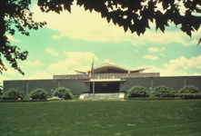 Entrance to National Library of Medicine (Building 38), looking west from Rockville Pike, Summer.