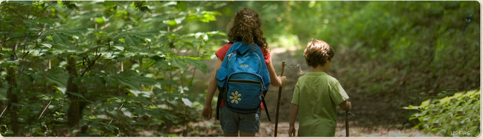 Little boy and girl hiking in the woods