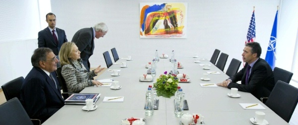 Secretary Clinton and Secretary of Defense Panetta meet with NATO Secretary General Rasmussen.