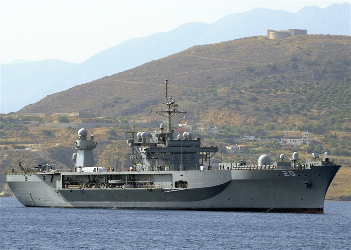 SOUDA BAY, Crete &mdash; The amphibious command ship USS Mount Whitney (LCC/JCC 20) departed here on Aug 28 bound for the port city of Poti, Georgia with 17 tons of humanitarian aid. The command and control ship anchored off the coast of Poti Sept 5. (Department of Defense photo by Paul Farley)