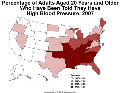 Map of United States showing Percent of persons who were ever told they had high blood pressure, Adults aged 20 years and older, 2007.