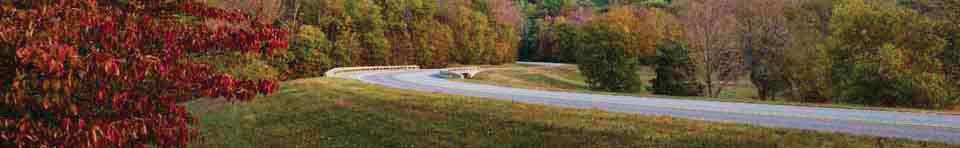 A curve along the Natchez Trace Parkway with fall colors