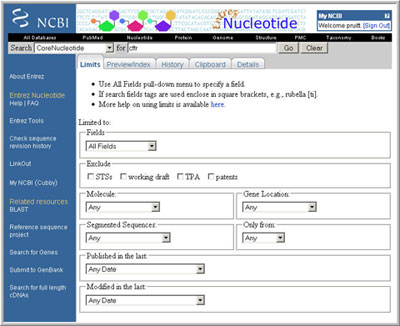 image of the Entrez Limits web page