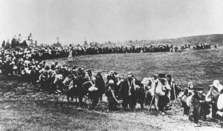 A column of refugees in the Soviet Union, following the German invasion of Soviet territory on June 22, 1941. Soviet Union, between 1941 and 1944.