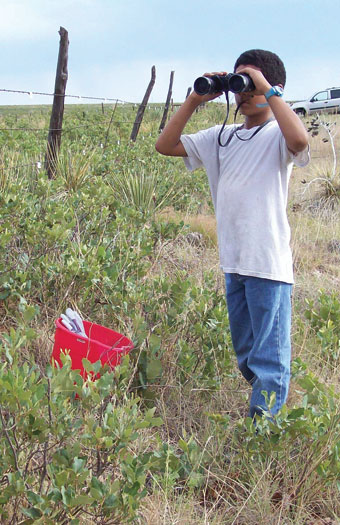 One of the young volunteers takes a break from marking fences to enjoy the view, hoping to see a prairie-chicken.