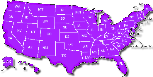 image of United States map--for text listing of states, go to alphabetical list below