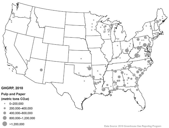 Map of United States showing locations of direct-emitting facilities.