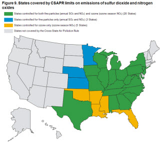 Figure 9. States covered by CSAPR limits on emissions of sulfur dioxide and nitrogen oxides