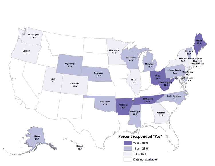 US map of the percentage of mothers who smoked after delivery, 2008 see state data below.