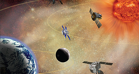 Graphic of the space environment with the sun (right), the Earth (left) and solar satellites in between.