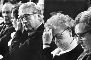 DATE: 12/1/1975 credit: James K. W. Atherton, TWP. CAPTION: L-R: Richard Kleindienst, Mrs. Felt, W. Mark Felt and Helen W. Gandy. Testifying at FBI hearing before the House Gov. Opr. Subcommittee.