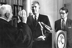 05/25/73 - CAPTION: Archibald Cox (center) is sworn is as Special Watergate Prosecutor by Judge Charles Fahy (left) during a ceremony at the Justice Department. Looking on is Attorney General  Elliott Richardson. CREDIT: UPI.