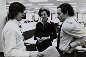 Katharine Graham with reporters Carl Bernstein and Bob Woodward during the heighth of the Watergate era.  COPYRIGHT: Mark Godfrey, April 30, 1973