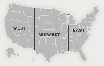 Map of United States divided into three sections for the different Community Relations regions (East, Midwest, and West)