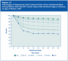 Figure 17: Percentages of Pregnancies That Continued Past a Given Gestational Week Among Women Who Had ART Cycles Using Fresh Nondonor Eggs or Embryos, by Age of Woman, 2007.