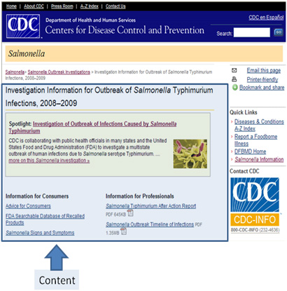 screenshot of CDC Site with an arrow pointing to the highlighted content section