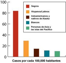 Estimación de tasas de infecciones nuevas por VIH, 2006, por raza o grupo étnico

Gráfica de barras con las divisiones siguientes

La barra que representa a los negros se extiende de izquierda a derecha para detenerse en alrededor de 82 casos por cada 100,000 habitantes

La barra que representa a los latinos se extiende de izquierda a derecha para detenerse en alrededor de 30 casos por cada 100,000 habitantes

La barra que representa a los indoamericanos y nativos de Alaska se extiende de izquierda a derecha para detenerse en alrededor de 18 casos por cada 100,000 habitantes

La barra que representa a los blancos se extiende de izquierda a derecha para detenerse en alrededor de 13 casos por cada 100,000 habitantes

La barra que representa a las personas de Asia y las islas del Pacífico se extiende de izquierda a derecha para detenerse en alrededor de 20 casos por cada 100,000 habitantes.