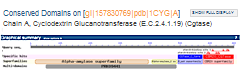 Thumbnail image of a CD-Search concise display, which shows only the top-scoring conserved domain hits for each region of the query sequence (1CYG_A, Cyclodextrin Glucanotransferase).  Click on image to jump to a larger, annotated version in the CD-Search help document.