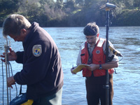 Scientist's Ed Ballard and Mark Gard test the water depth and speed over salmon redds