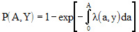 equation: The disease prevalence at age A during survey year Y is 1 minus the exponential function of the cumulative force of infection.  The cumulative force of infection function (A,Y), is calculated as the definite integral of the force of infection, having a lower limit of 0 and an upper limit Age = A.