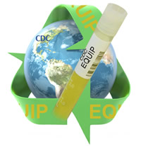 Logo for the Ensuring the Quality of Urinary Iodine Procedures (EQUIP) program.  Includes graphic of the globe with a urine sample and surrounding arrow