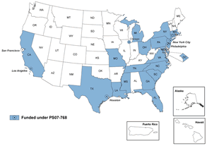 U.S. map color-coded (blue) with jurisdictions funded for the HIV Expanded Testing Program for disproportionately affected populations