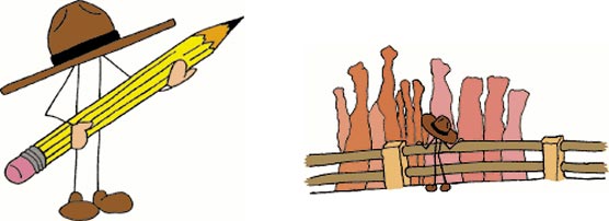 Stick figure holding a pencil and wearing a ranger hat, on the left. Stick figure wearing a ranger hat viewing hoodoos over a wooden railing.