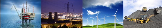 collage of energy images, including windmills, a nuclear power plant, an oil rig, and earth movers