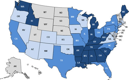 Map of the United States showing HPV-Associated Vaginal Cancer Incidence Rates by State.