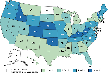 Mapa de Estados Unidos que muestra las tasas de mortalidad por melanoma cutáneo maligno, por estado