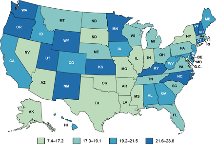 Mapa de Estados Unidos que muestra las tasas de incidencia del cáncer de piel, por estado