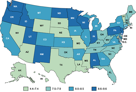 Map of the United States showing female ovarian cancer death rates by state.